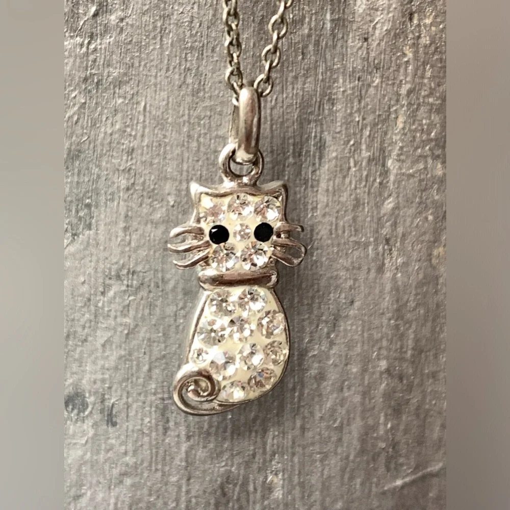 Mini Enamel & Crystal Silver Plated Kitty Cat Whiskers Necklace Kitten Woman’s - Picture 2 of 8
